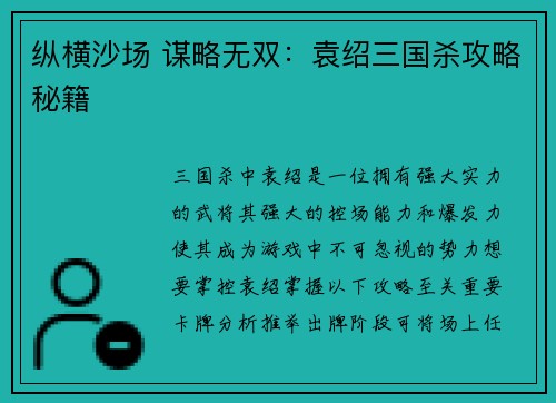 纵横沙场 谋略无双：袁绍三国杀攻略秘籍