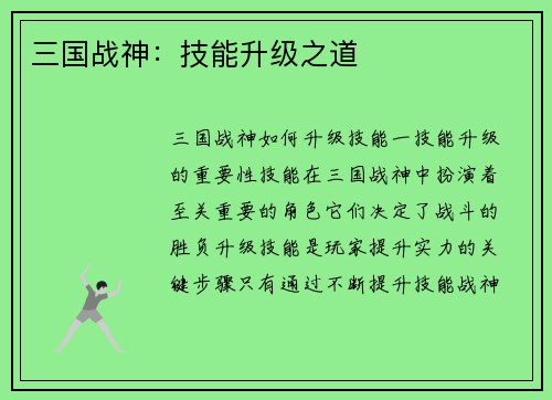 三国战神：技能升级之道
