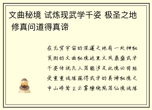 文曲秘境 试炼现武学千姿 极圣之地 修真问道得真谛